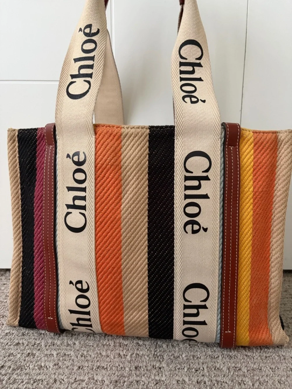 Chloé Multicolor Striped Canvas Tote with Branded Cream Straps - Picture 2 of 4